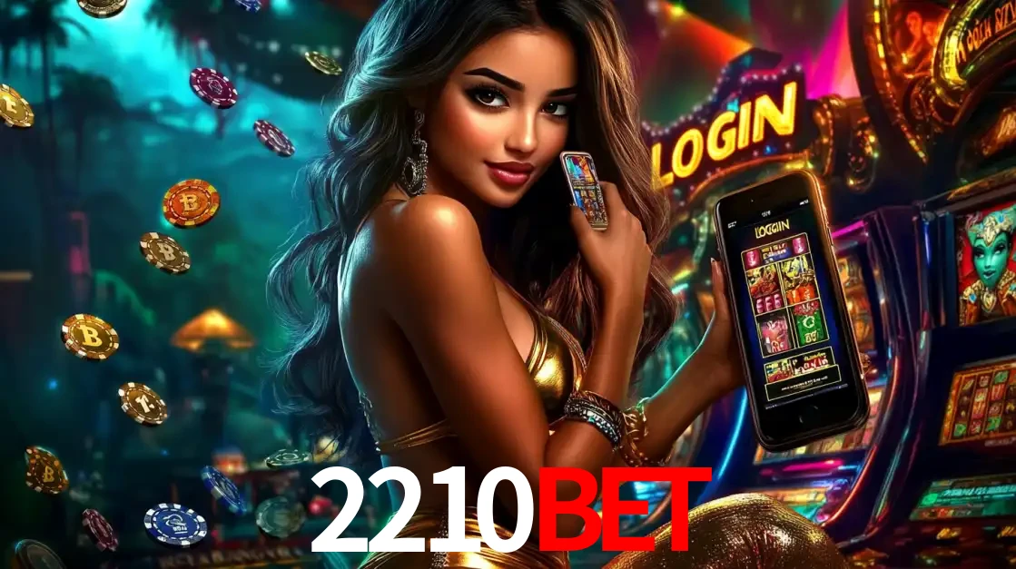 Mulher em um cenário de cassino temático de aventura, mostrando o app de caça-níqueis da 2210bet no celular. Fichas de apostas flutuam ao redor.