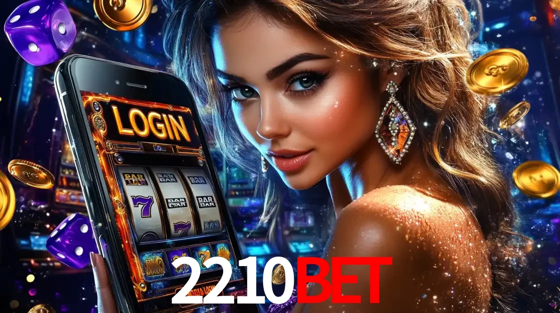 Mulher glamorosa segurando um smartphone com a tela de login para os jogos de caça-níqueis do cassino online 2210bet, com moedas de ouro e dados ao redor.