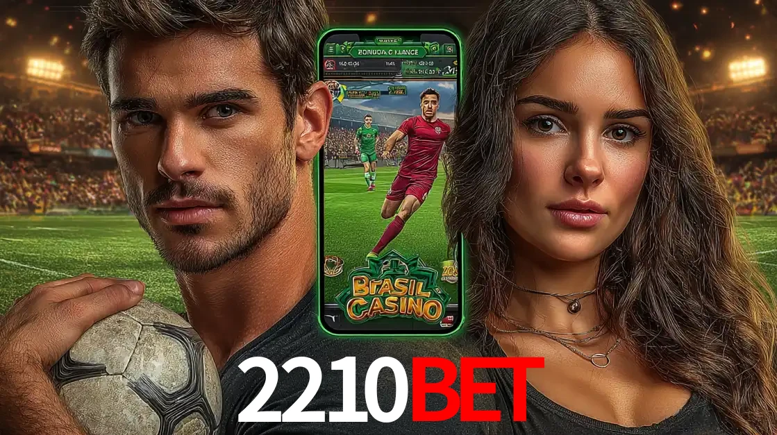 Homem segurando uma bola de futebol e uma mulher ao lado de um smartphone exibindo o jogo de apostas esportivas da 2210bet. Faça seu palpite no cassino online.